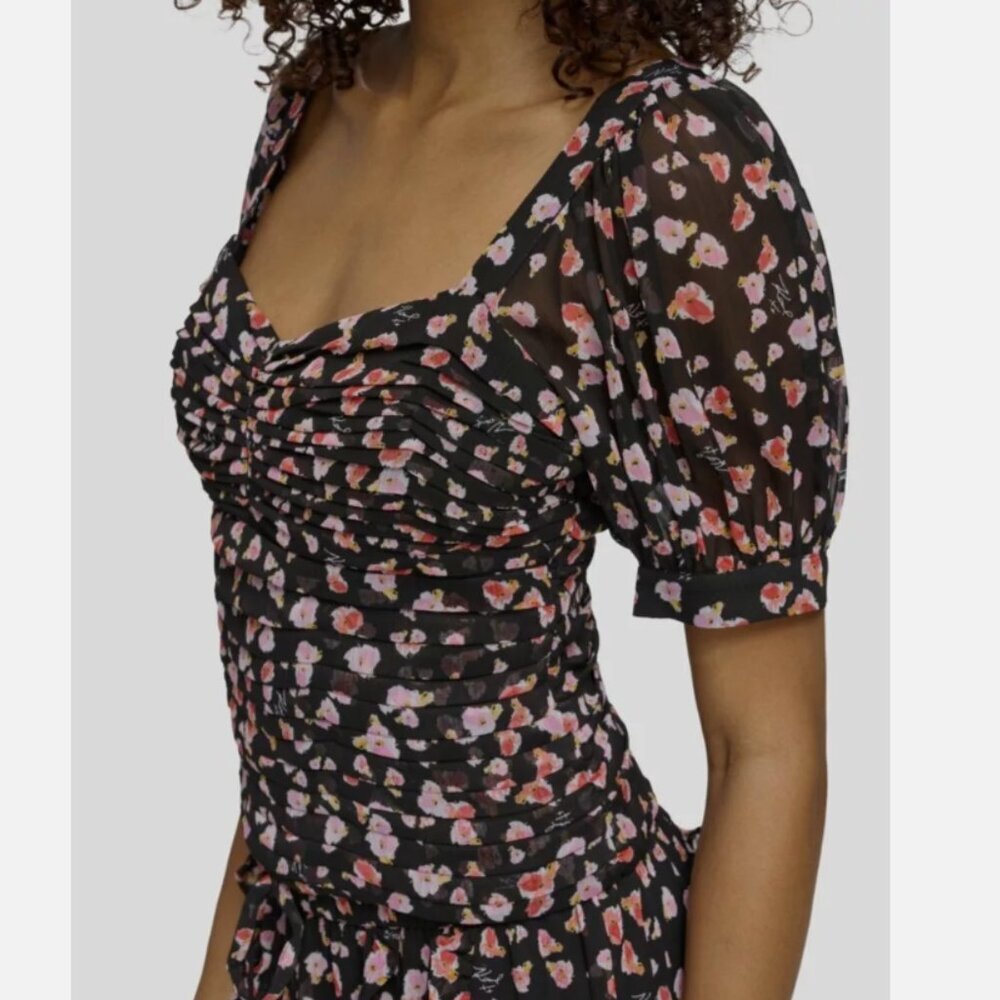 New KARL LAGERFELD Large Black Red Floral Ruched Puff Sleeve Blouse Top Feminine